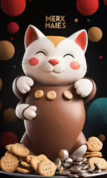 a cat hugging an egg surrounded by cookies and other food items