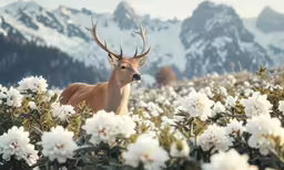 an image of a deer in a field of white flowers