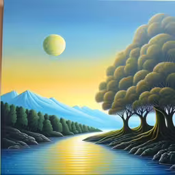 a painting of a lake with trees in the distance,painting of trees beside a body of water with the sun setting,a painting with a river surrounded by trees at sunset,this is a painting of some kind of scenery,a painting with trees on the shore and mountains in the background