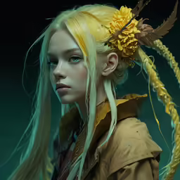 a blonde haired woman with long braids and a flower in her hair