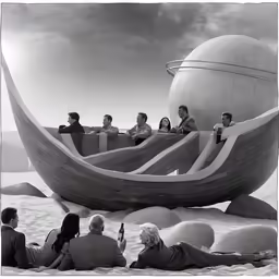 a boat has people sitting on it with water nearby