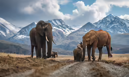 three elephants and a baby are walking down the dirt road