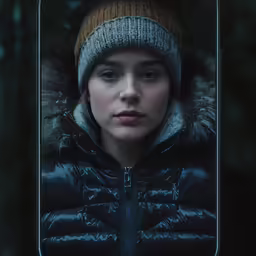 a woman with a hood, and jacket in the woods