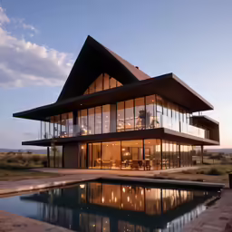 a house with an outdoor pool, patio and glass walls