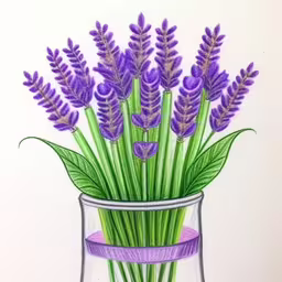 a drawing of flowers sitting inside a vase,a drawing of lavender flowers in a glass vase