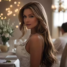 a woman with long brown hair and white dress sits at a dinner table