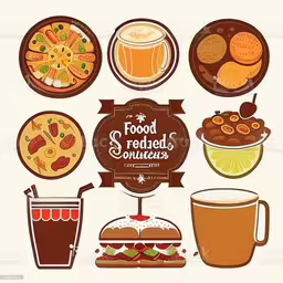a cartoon set of food and drinks for the holiday dinner,various food and beverages around the sign,various dishes and beverages with the name food and served soufflets on a plate with a mug,an illustration of a variety of foods and drinks around the world,a food set and drink sign with the name