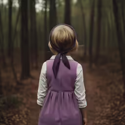 the back of a young girl standing in a forest