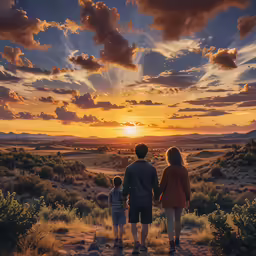 the mother, father and son stand on a rock trail during a colorful sunset