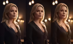 a woman wearing a suit poses for three photos