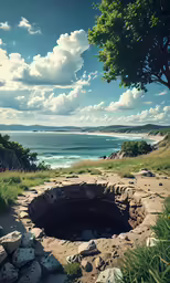 an unusual hole on the side of a hill near the ocean
