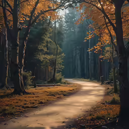 a path in a park with trees and fall foliage