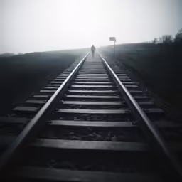 a man walking on railroad tracks at dusk