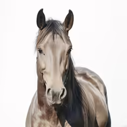 a brown horse looking at the camera with a white background