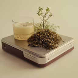 a pile of dry weed next to a glass of tea