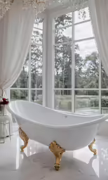an elegant bathroom with huge windows and a white bathtub