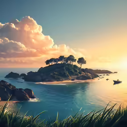 an island with many islands on water at sunset