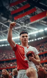 a man is standing with an orange and white shirt
