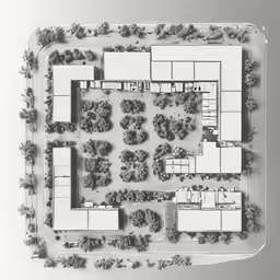 a plan of a building with many small gardens and bushes