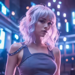 a woman with pink hair wearing a tank top