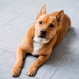 the dog is lying down on the floor