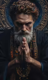 a bearded man praying with an elaborate wall behind him