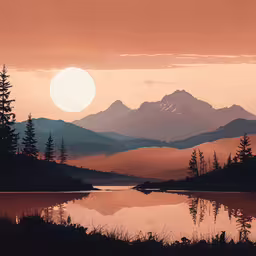 a sunset over the mountains that is reflecting a lake,a lake with mountains and trees in the background