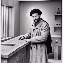 black and white photograph of a man wearing an overcoat