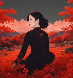 a painting shows a woman wearing a long dress sitting in a red, grassy field with trees, clouds, and mountains,an artistic rendering of a woman in a field with red trees