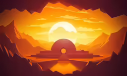 an orange background with an alien temple surrounded by mountains
