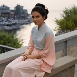 a woman in a pink dress sitting on a ledge near water