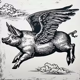 an image of a pig and a cloud in it,the flying pig with wings and two fish, is in the air