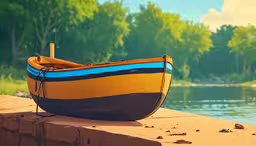 there is a small boat sitting on the beach,a yellow and blue boat sitting on a beach
