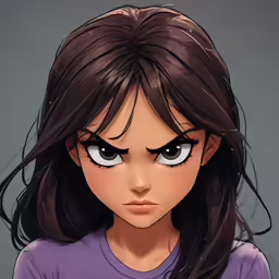 a anime girl in purple shirt looking at the camera