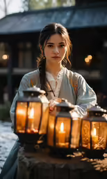 a woman dressed in a renaissance outfit, holding a lantern