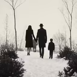 the family walk through the snow on their own path