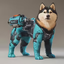 a statue of a dog with a camera in its paws
