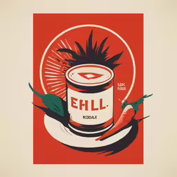 a print with a can of chili and a plant on it