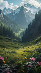 a landscape with mountains, trees, grass and flowers
