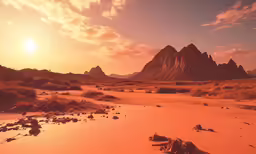 a vast desert with mountains in the background