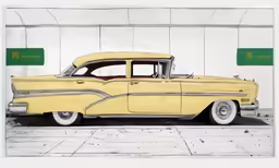 an old car is parked in front of a wall