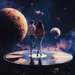 two people walk on top of a large metal structure