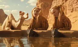 two young girls are sitting on the edge of the water