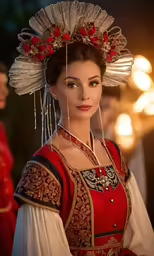 a woman dressed in red and gold clothes with a hair clip
