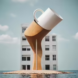 a big building with a very tall vase and coffee cup on the ocean