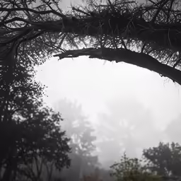 tree branches over head in the midst of some fog