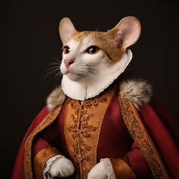 a cat dressed in a red and yellow outfit