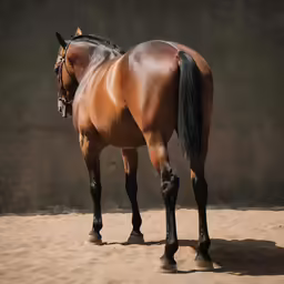 a brown horse standing next to a stone wall