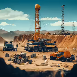 a huge orange tower next to various trucks