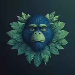 a monkey with blue hair and green leaves in its hair